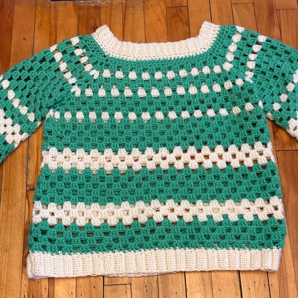 Hand Crafted Green and White Crochet Scoop-Neck Sweater - Large to Extra Large - Picture 7 of 8